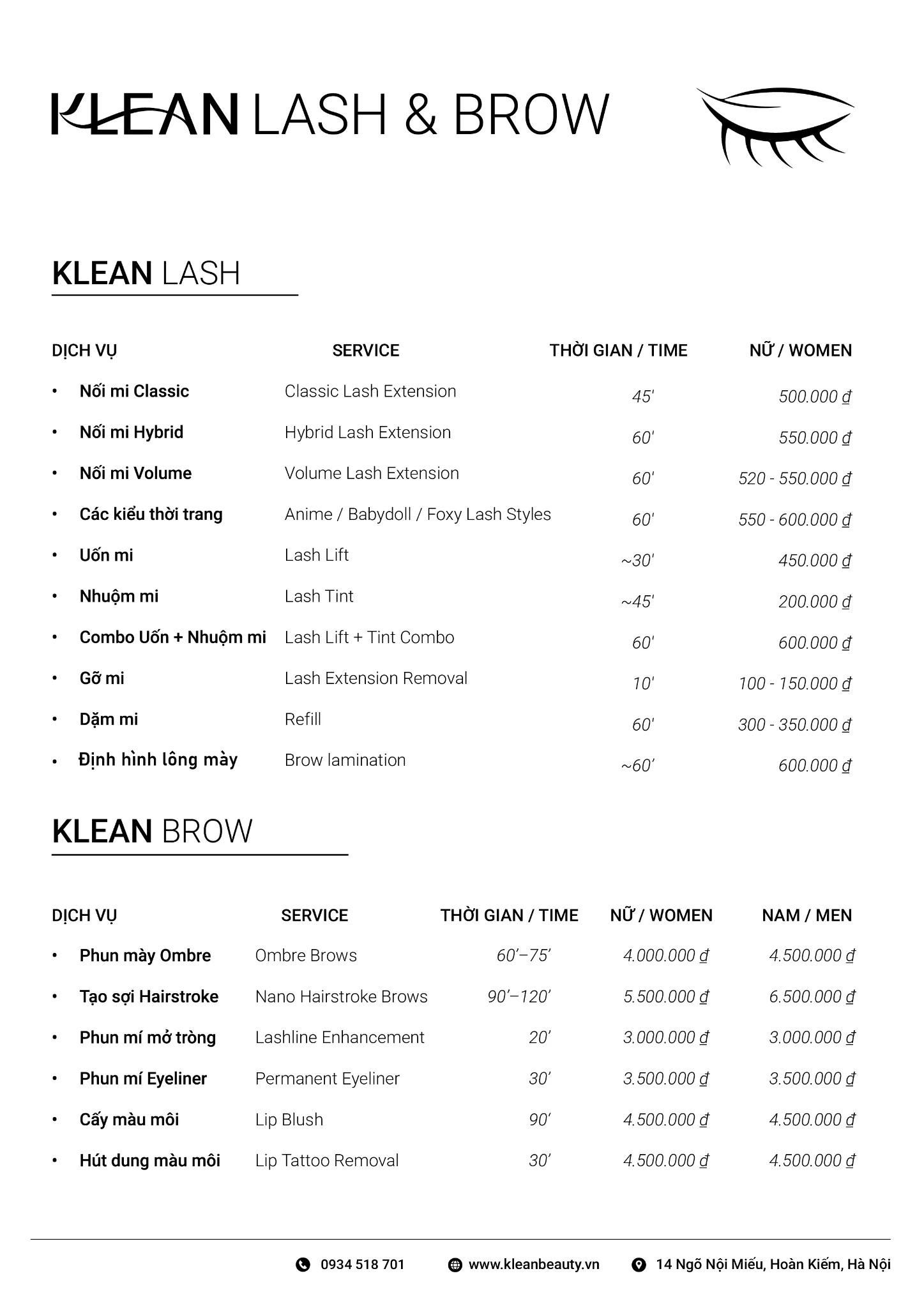 Klean Lash and Brow menu