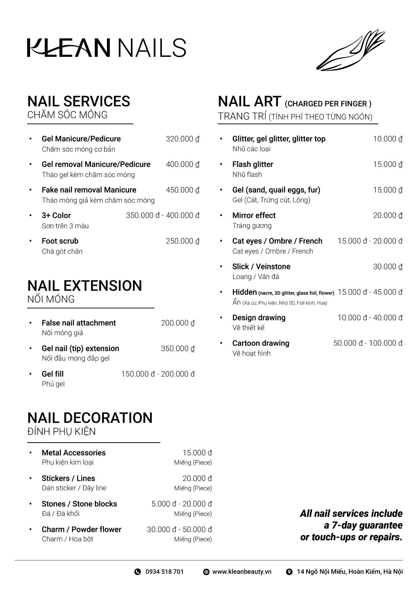 Klean Nails menu
