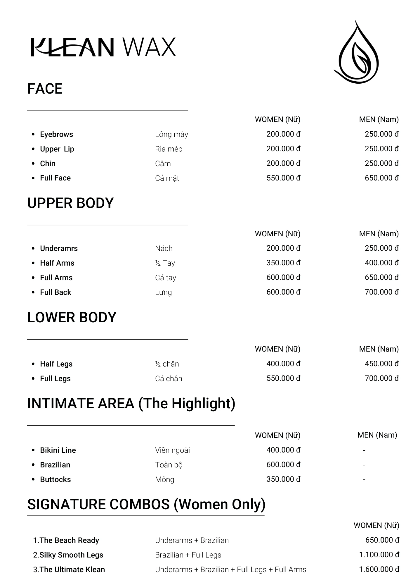 Klean Wax menu